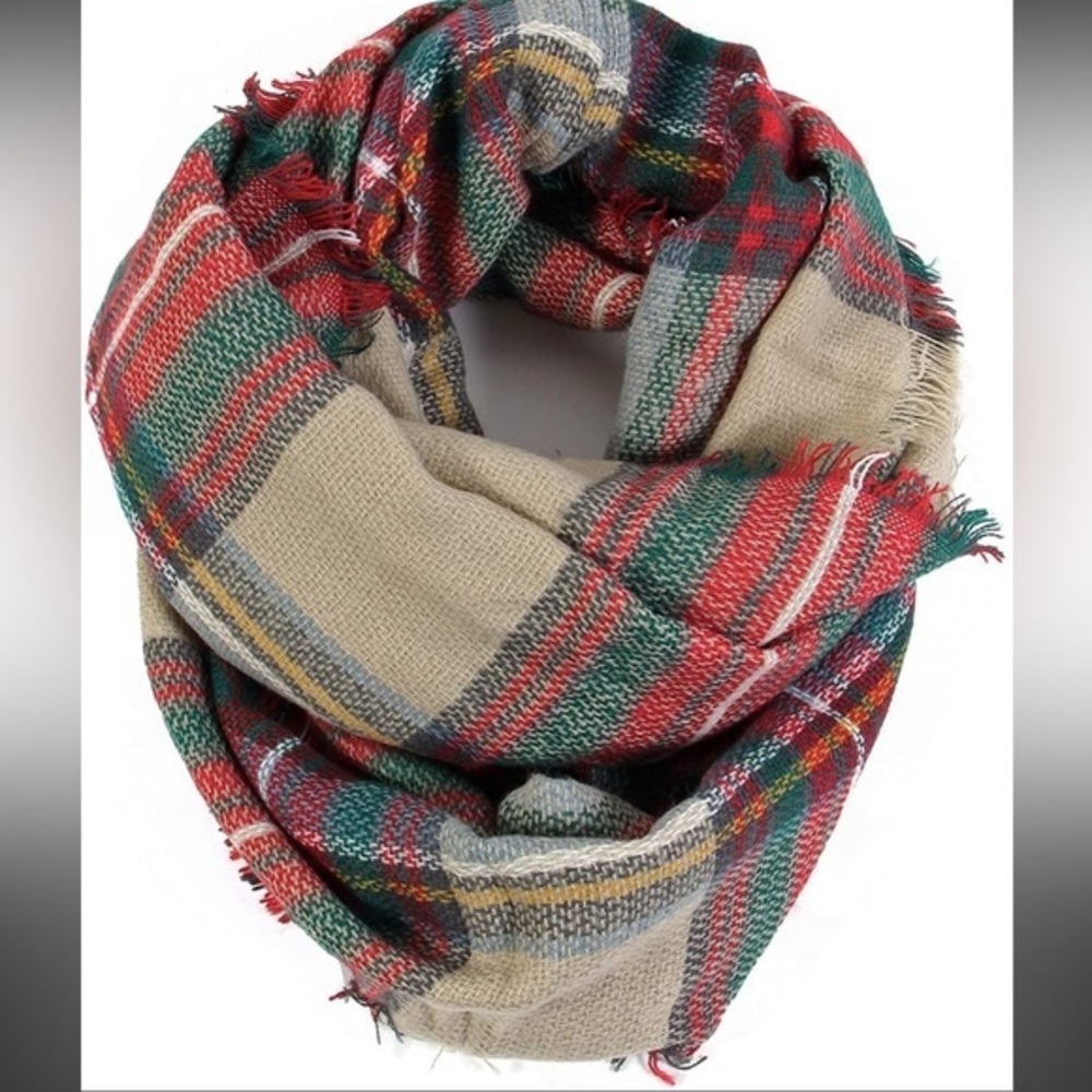 Women’s Fashion Plaid Tartan Infinity Scarf Wrap Tan Red Boho Winter Accessory